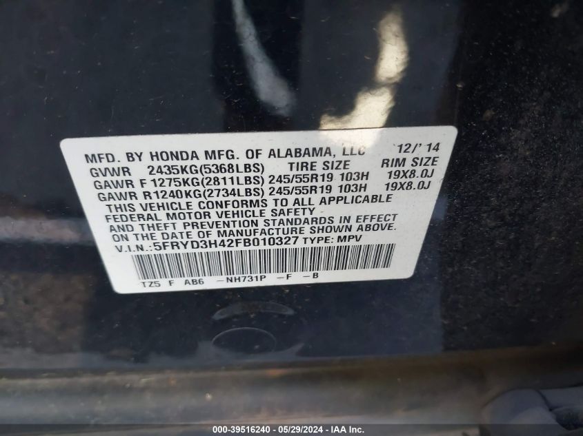 2015 Acura Mdx Technology Package VIN: 5FRYD3H42FB010327 Lot: 39516240