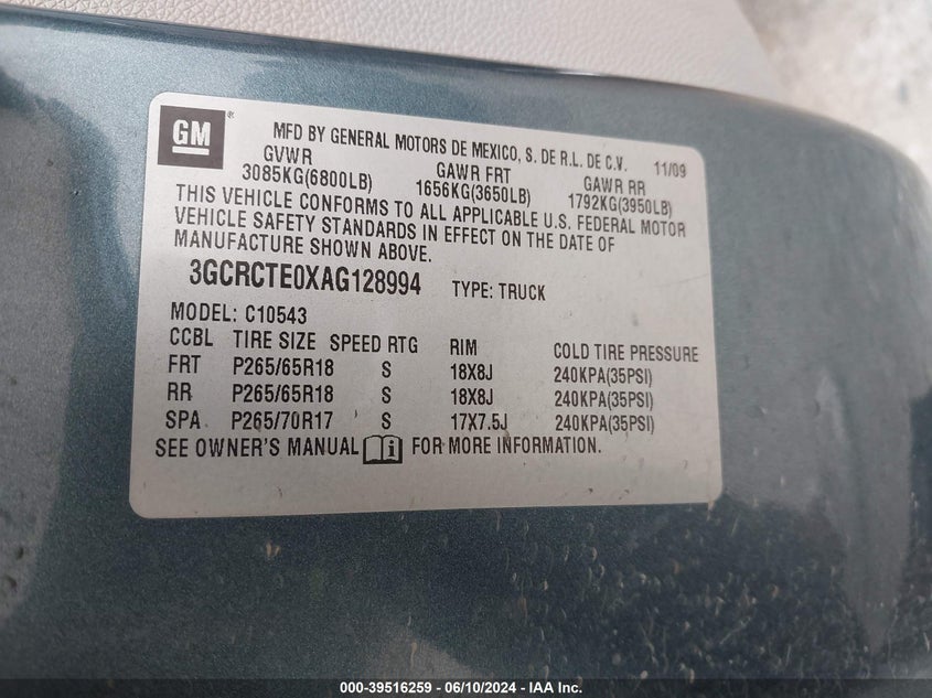 2010 Chevrolet Silverado 1500 Ltz VIN: 3GCRCTE0XAG128994 Lot: 39516259