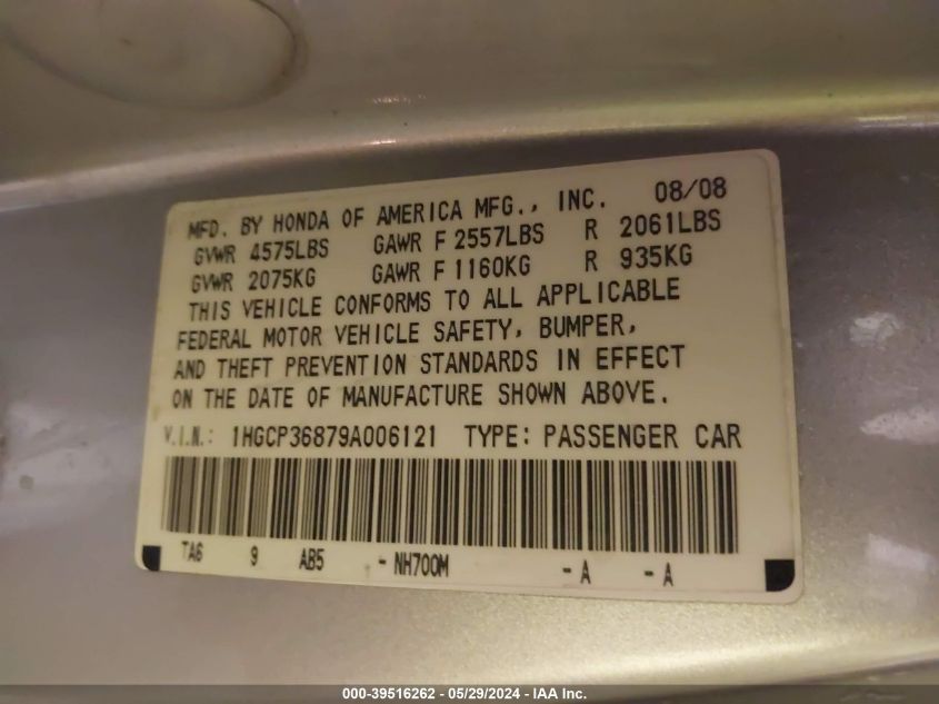 2009 Honda Accord 3.5 Ex-L VIN: 1HGCP36879A006121 Lot: 39516262