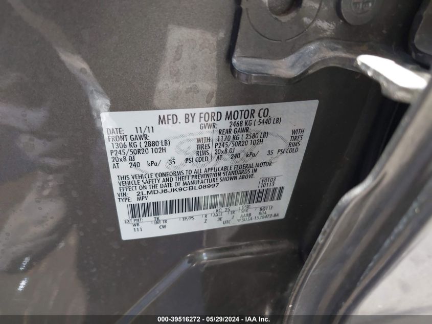 2012 Lincoln Mkx VIN: 2LMDJ6JK9CBL08997 Lot: 39516272