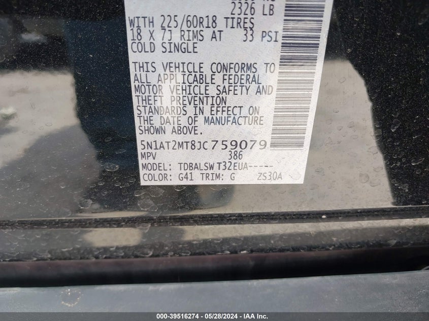 2018 Nissan Rogue Sl VIN: 5N1AT2MT8JC759079 Lot: 39516274