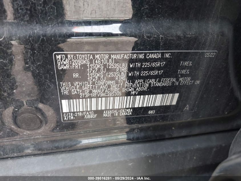 2022 Toyota Rav4 Xle VIN: 2T3P1RFV9NC285305 Lot: 39516281