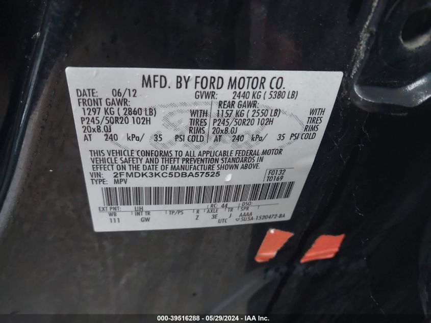 2013 Ford Edge Limited VIN: 2FMDK3KC5DBA57525 Lot: 39516288