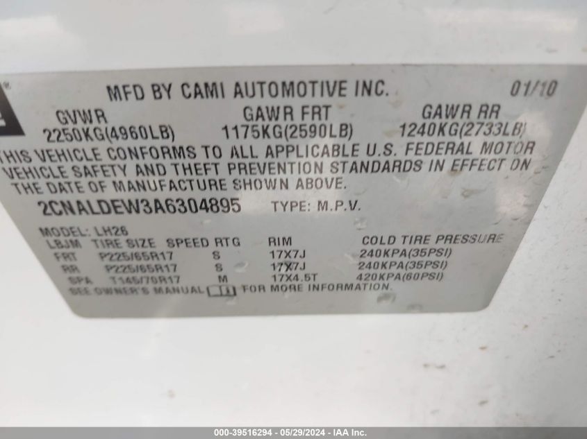 2010 Chevrolet Equinox Lt VIN: 2CNALDEW3A6304895 Lot: 39516294