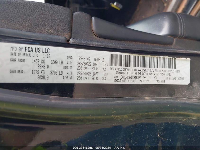 2016 Jeep Grand Cherokee High Altitude VIN: 1C4RJFCG3GC316372 Lot: 39516296