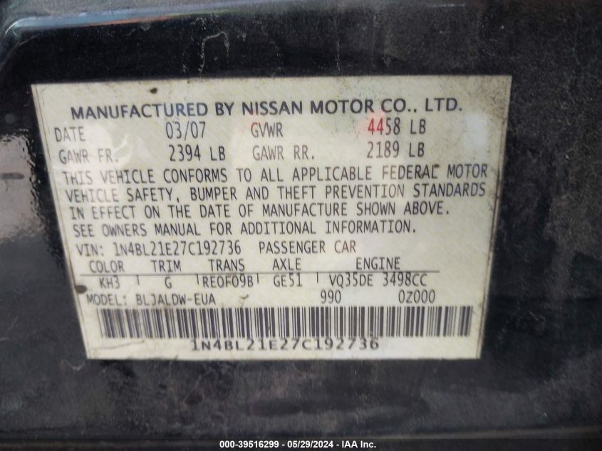 2007 Nissan Altima 3.5 Se VIN: 1N4BL21E27C192736 Lot: 39516299