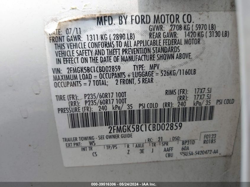 2012 Ford Flex Se VIN: 2FMGK5BC1CBD02859 Lot: 39516306