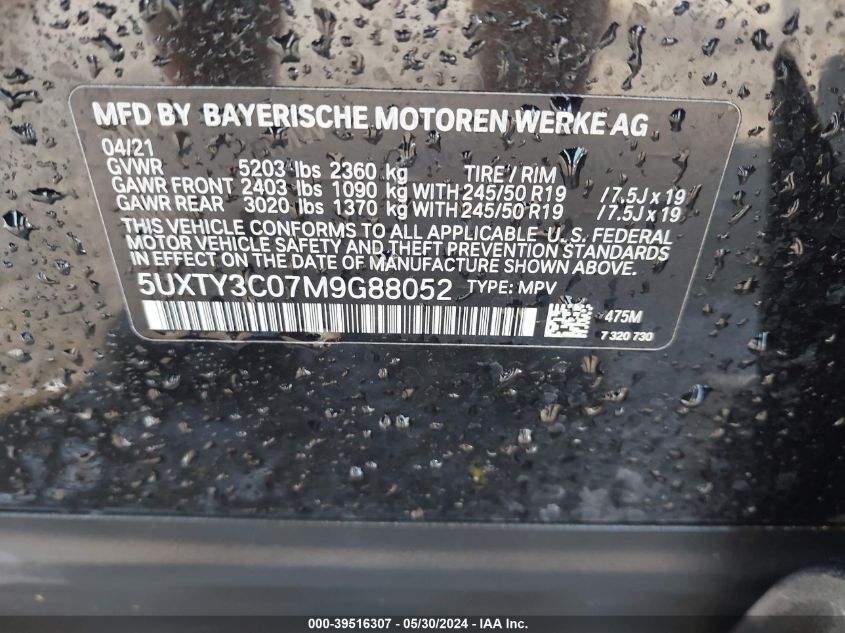 2021 BMW X3 Sdrive30I VIN: 5UXTY3C07M9G88052 Lot: 39516307