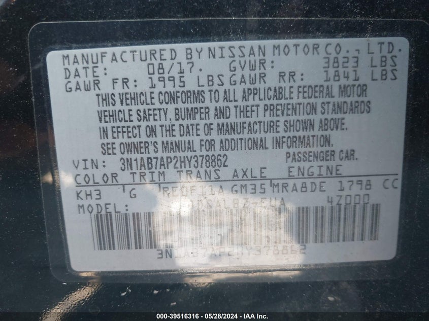 2017 Nissan Sentra S VIN: 3N1AB7AP2HY378862 Lot: 39516316