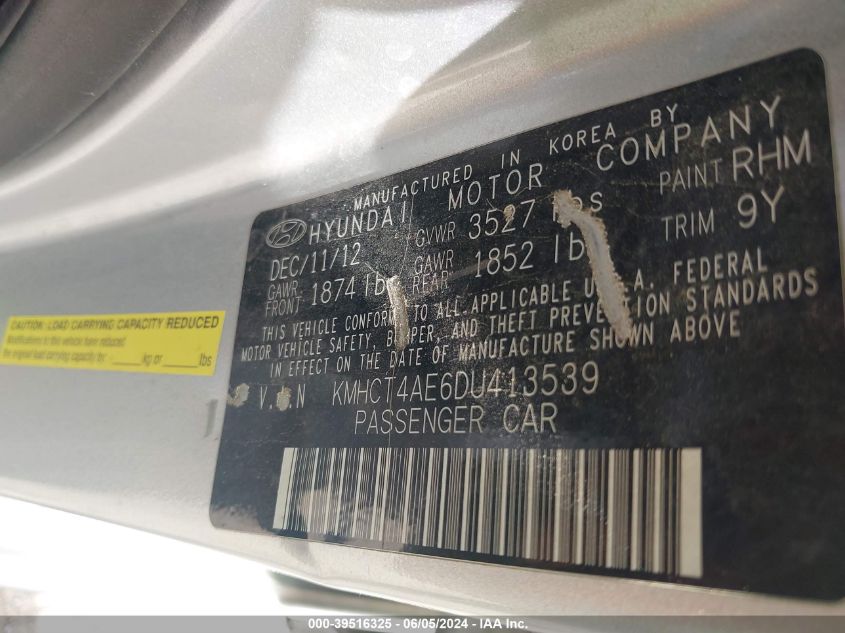 2013 Hyundai Accent Gls VIN: KMHCT4AE6DU413539 Lot: 39516325