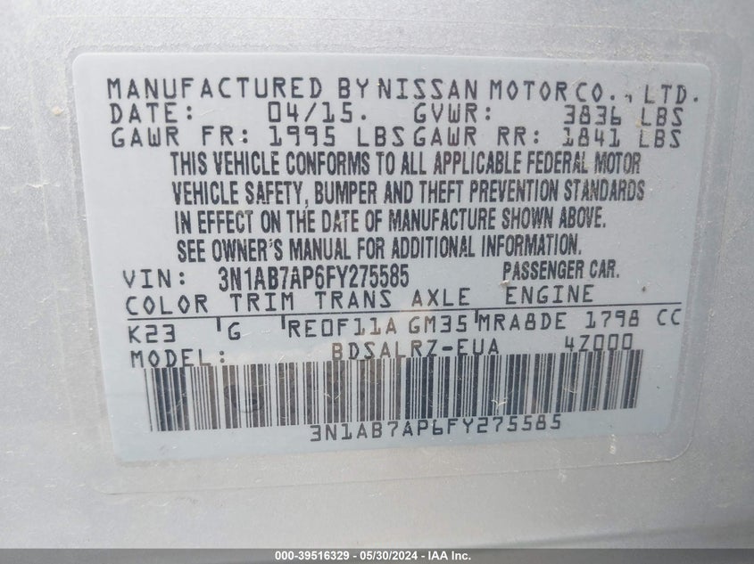 2015 Nissan Sentra Sr VIN: 3N1AB7AP6FY275585 Lot: 39516329