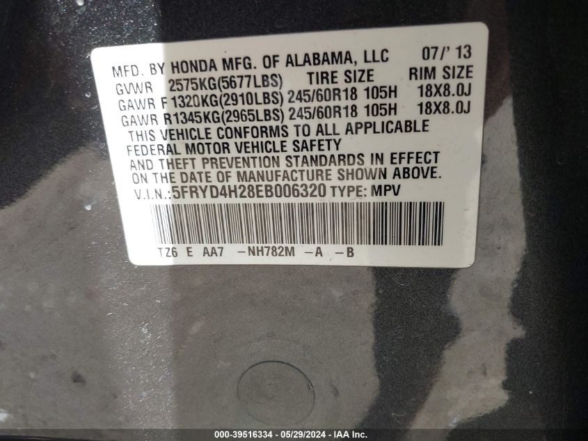 2014 Acura Mdx VIN: 5FRYD4H28EB006320 Lot: 39516334