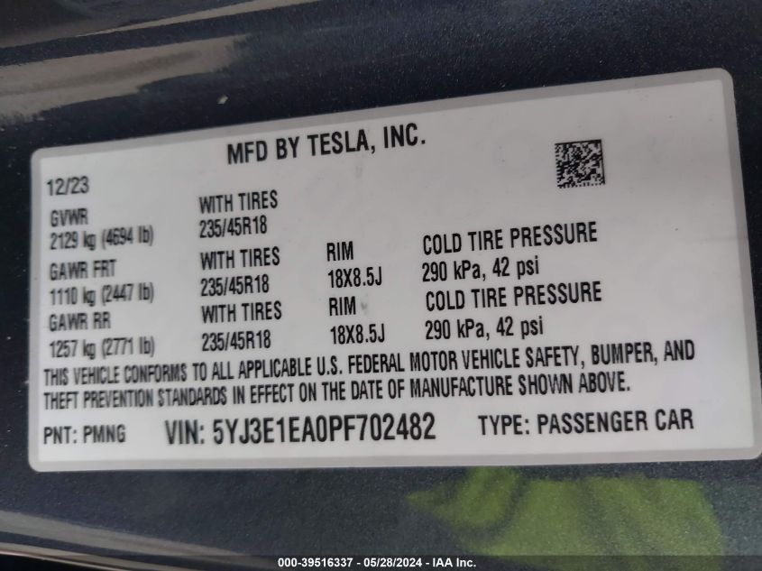 2023 Tesla Model 3 Rear-Wheel Drive VIN: 5YJ3E1EA0PF702482 Lot: 39516337