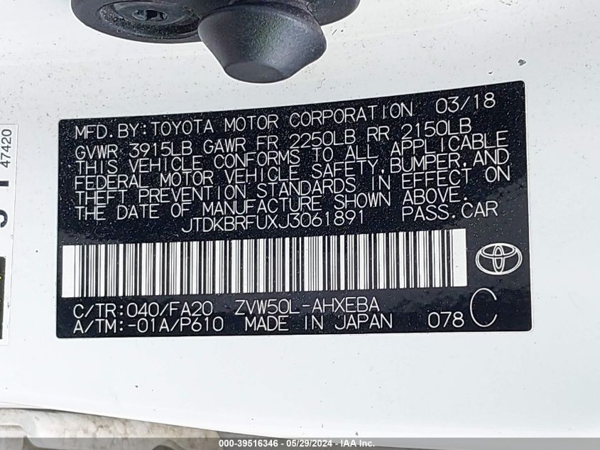 2018 Toyota Prius Two VIN: JTDKBRFUXJ3061891 Lot: 39516346