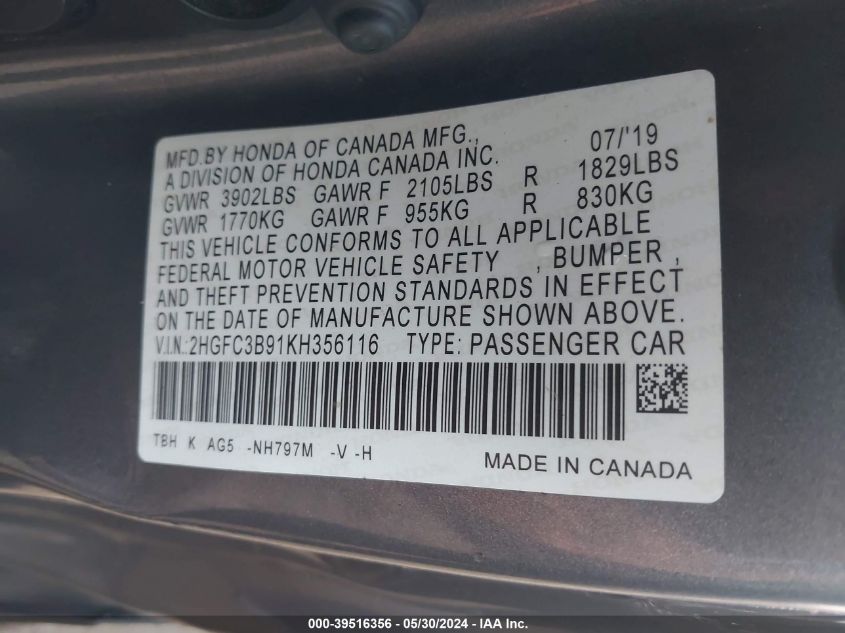 2019 Honda Civic Touring VIN: 2HGFC3B91KH356116 Lot: 39516356