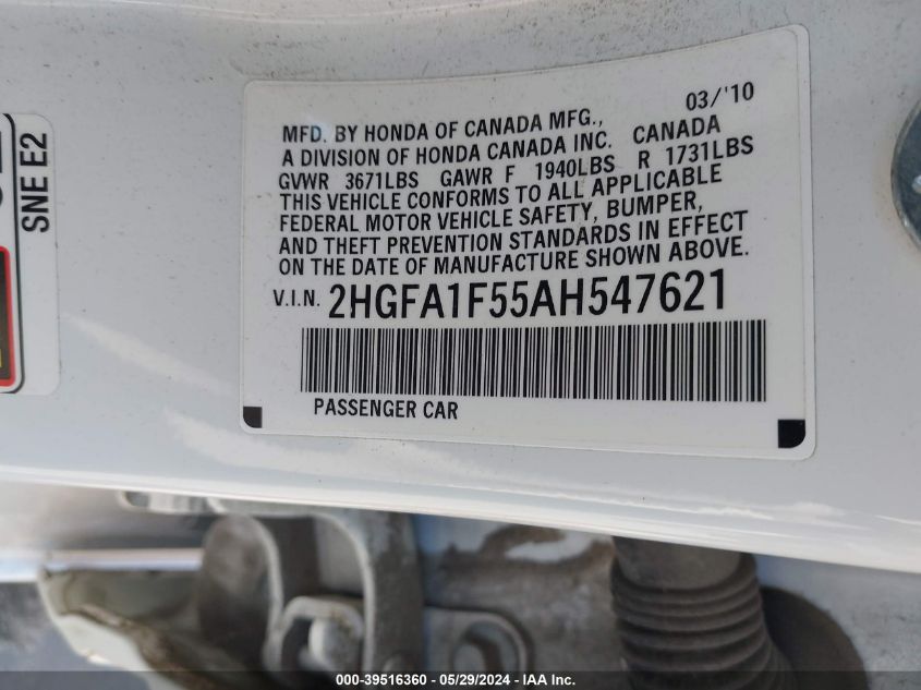 2010 Honda Civic Lx VIN: 2HGFA1F55AH547621 Lot: 39516360