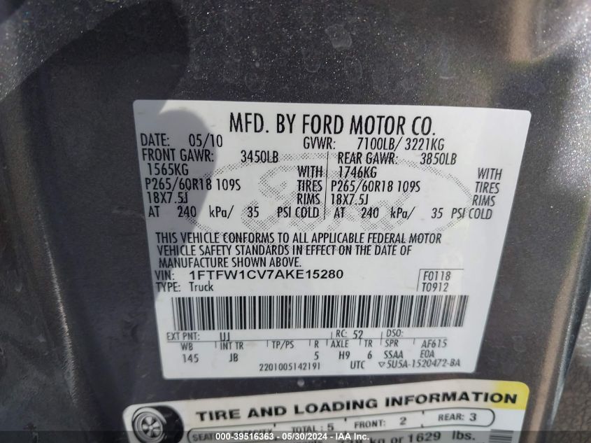2010 Ford F-150 Fx2 Sport/Harley-Davidson/King Ranch/Lariat/Platinum/Xl/Xlt VIN: 1FTFW1CV7AKE1528 Lot: 39516363