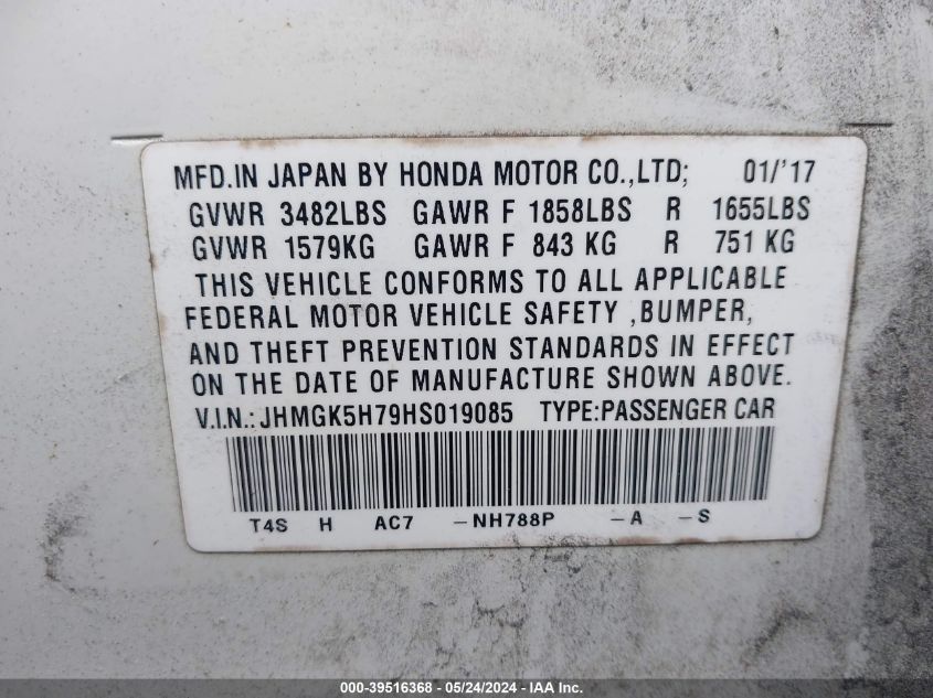 2017 Honda Fit Ex VIN: JHMGK5H79HS019085 Lot: 39516368