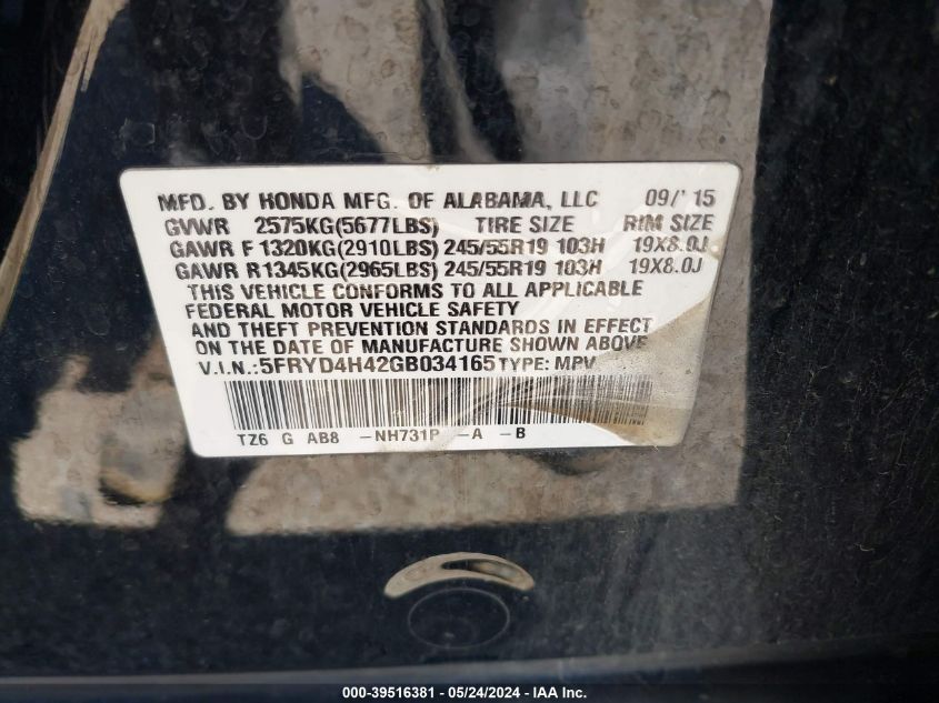 2016 Acura Mdx Technology Acurawatch Plus Packages/Technology Package VIN: 5FRYD4H42GB034165 Lot: 39516381