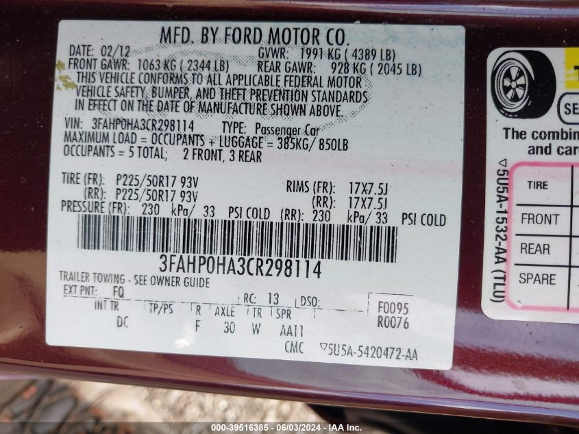 2012 Ford Fusion Se VIN: 3FAHP0HA3CR298114 Lot: 39516385
