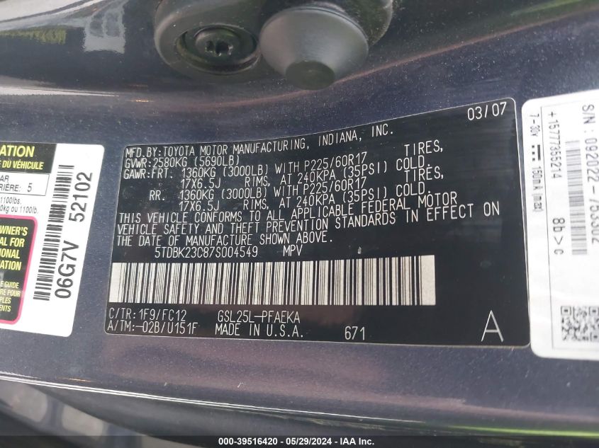 2007 Toyota Sienna Le VIN: 5TDBK23C87S004549 Lot: 39516420