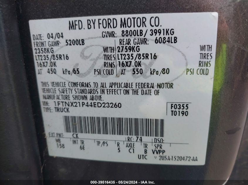 2004 Ford F-250 Lariat/Xl/Xlt VIN: 1FTNX21P44ED23260 Lot: 39516435