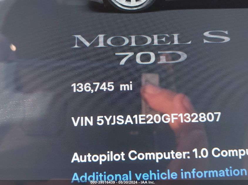 2016 Tesla Model S 60D/70D/75D/85D/90D VIN: 5YJSA1E20GF132807 Lot: 39516439