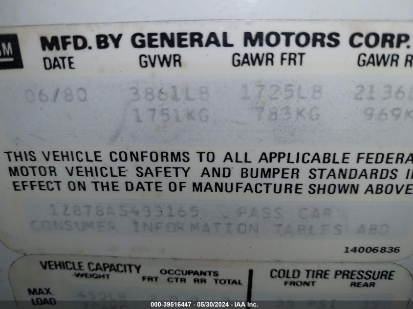 1980 Chevrolet Corvette VIN: 1Z878AS433165 Lot: 39516447