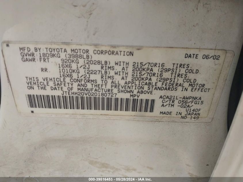 2002 Toyota Rav4 VIN: JTEHH20V020180727 Lot: 39516453