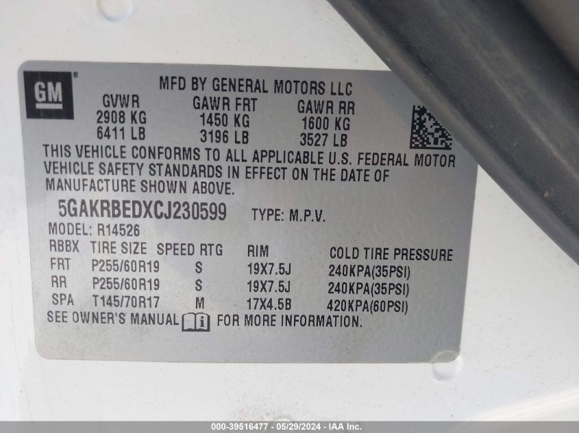 2012 Buick Enclave Convenience VIN: 5GAKRBEDXCJ230599 Lot: 39516477