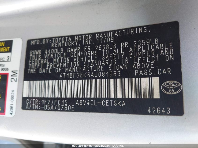 2010 Toyota Camry Se VIN: 4T1BF3EK6AU081983 Lot: 39516486