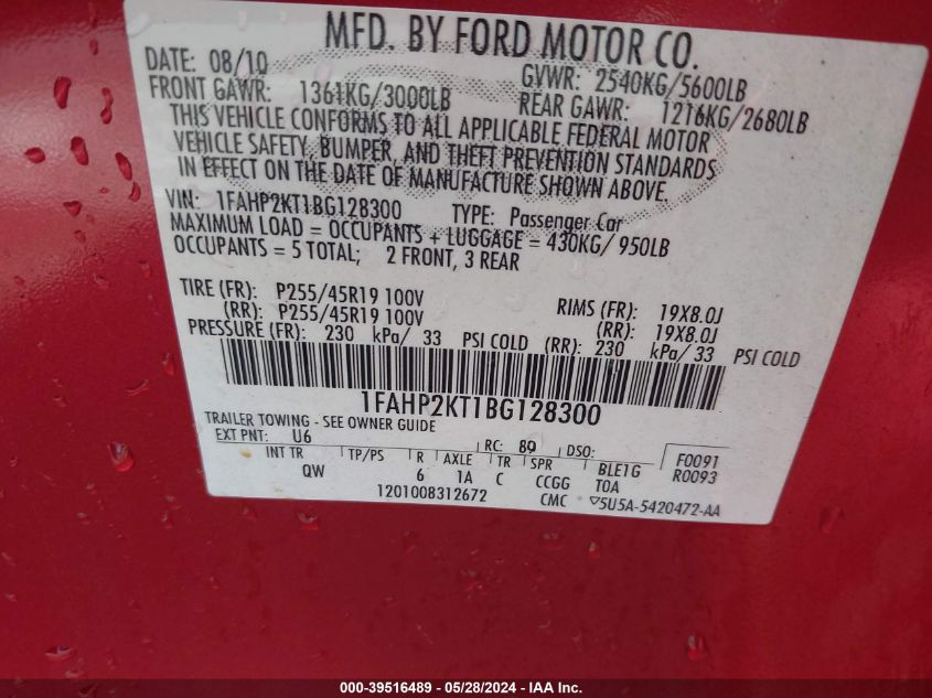 2011 Ford Taurus Sho VIN: 1FAHP2KT1BG128300 Lot: 39516489