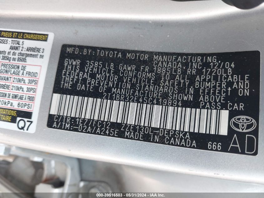 2005 Toyota Corolla S VIN: 2T1BR32E45C419894 Lot: 39516503