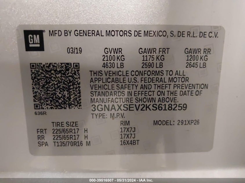 VIN 3GNAXSEV2KS618259 2019 CHEVROLET EQUINOX LS