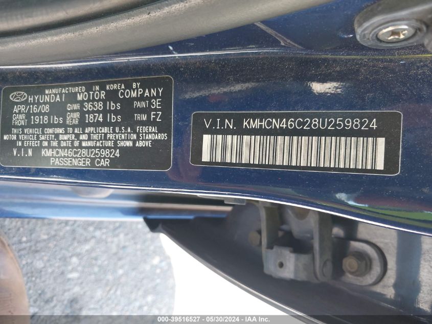 2008 Hyundai Accent Gls VIN: KMHCN46C28U259824 Lot: 39516527
