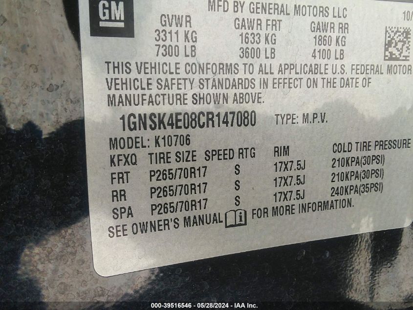 2012 Chevrolet Tahoe Commercial VIN: 1GNSK4E08CR147080 Lot: 39516546