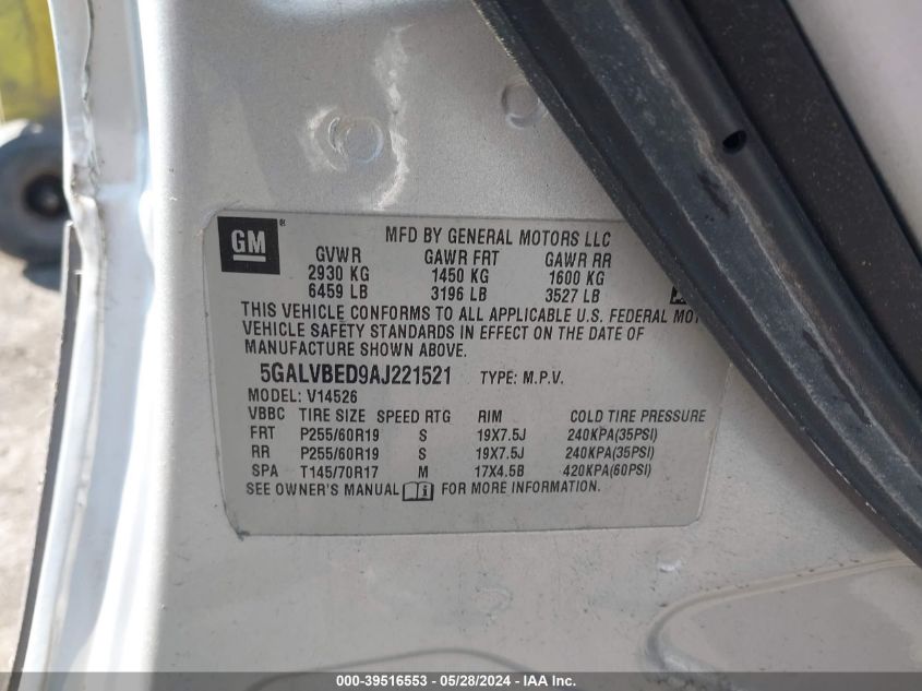 2010 Buick Enclave 1Xl VIN: 5GALVBED9AJ221521 Lot: 39516553