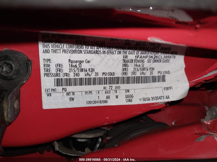 2012 Ford Focus Se VIN: 1FAHP3K26CL395678 Lot: 39516565