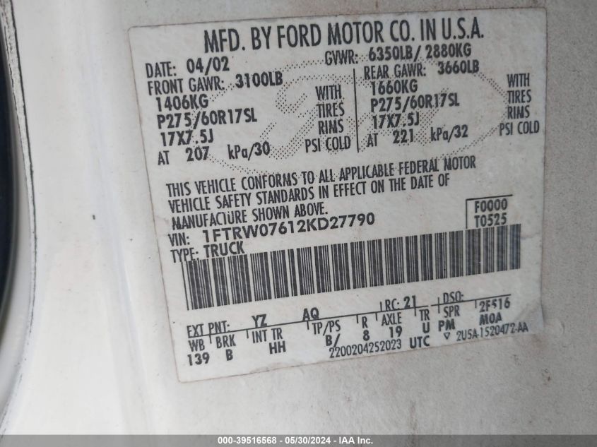 2002 Ford F-150 Lariat/Xlt VIN: 1FTRW07612KD27790 Lot: 39516568