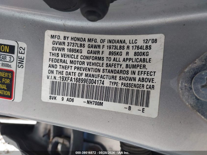 2009 Honda Civic Ex VIN: 19XFA16899E004174 Lot: 39516572
