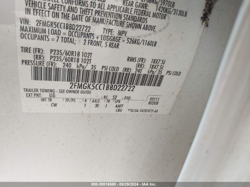 2011 Ford Flex Sel VIN: 2FMGK5CC1BBD22722 Lot: 39516580