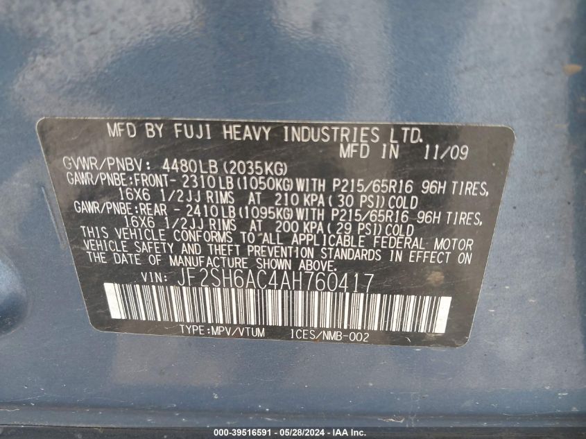 2010 Subaru Forester 2.5X VIN: JF2SH6AC4AH760417 Lot: 39516591