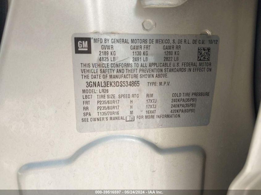 2013 Chevrolet Captiva Sport Lt VIN: 3GNAL3EK3DS534865 Lot: 39516597