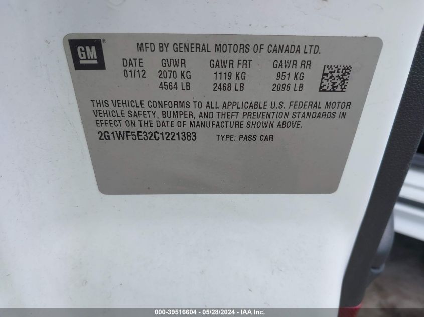 2012 Chevrolet Impala Ls VIN: 2G1WF5E32C1221383 Lot: 39516604
