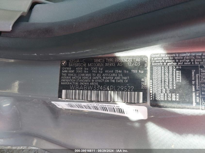 2004 BMW 325Ci VIN: WBABW33454PL29522 Lot: 39516611