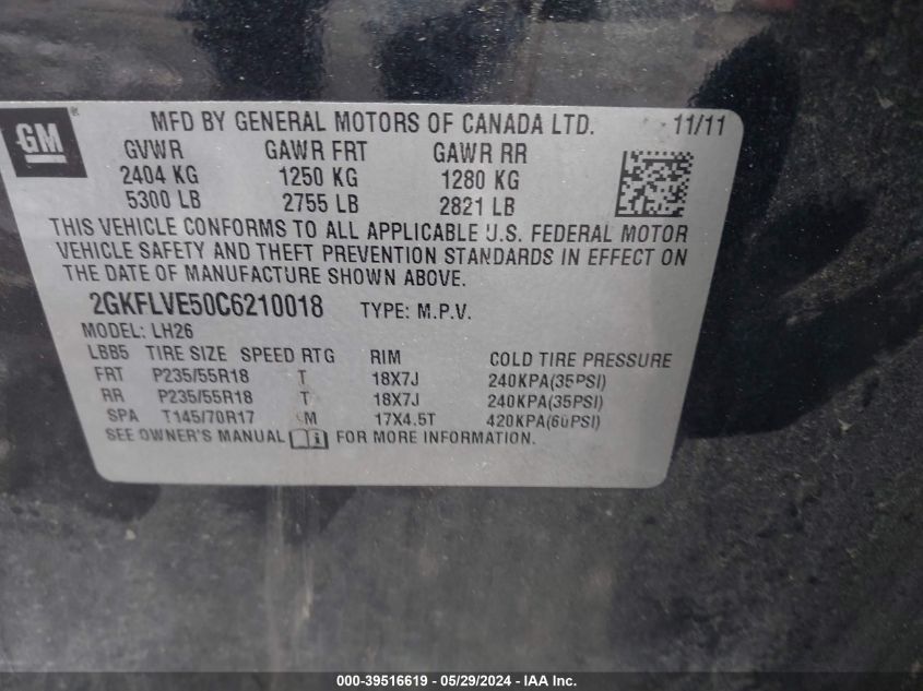 2012 GMC Terrain Slt-1 VIN: 2GKFLVE50C6210018 Lot: 39516619