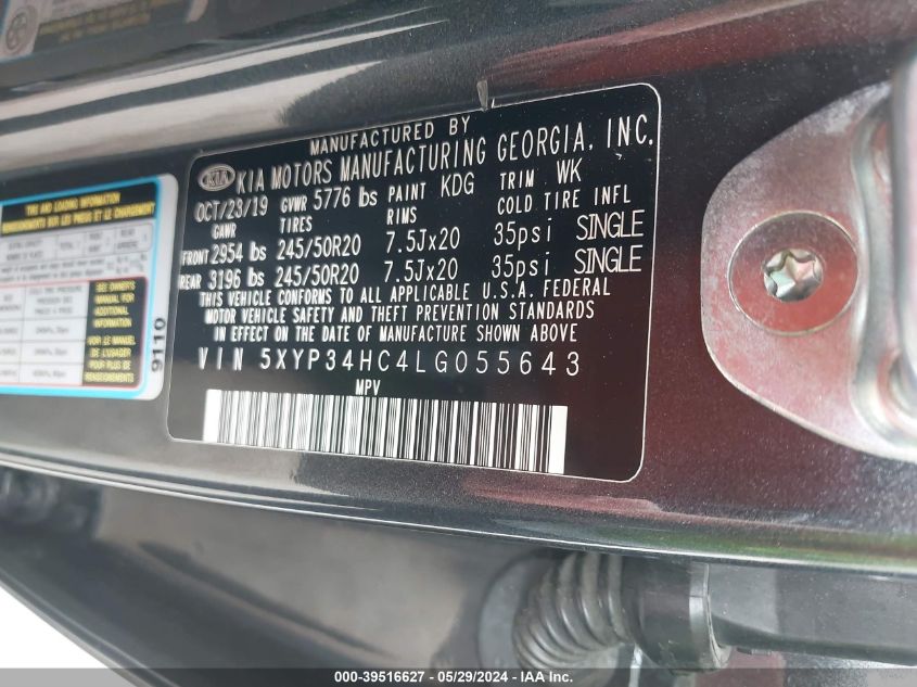 2020 Kia Telluride Ex VIN: 5XYP34HC4LG055643 Lot: 39516627