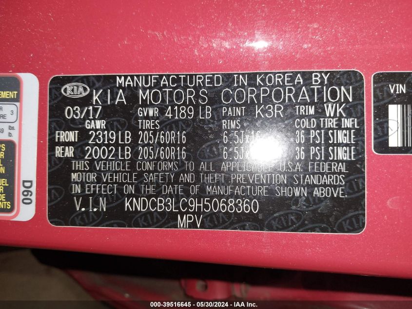 2017 Kia Niro Lx VIN: KNDCB3LC9H5068360 Lot: 39516645
