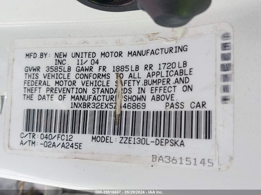 2005 Toyota Corolla S VIN: 1NXBR32EX5Z446869 Lot: 39516657