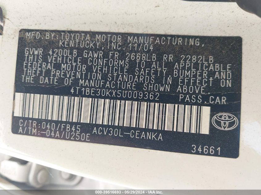 2005 Toyota Camry Le VIN: 4T1BE30KX5U009362 Lot: 39516693